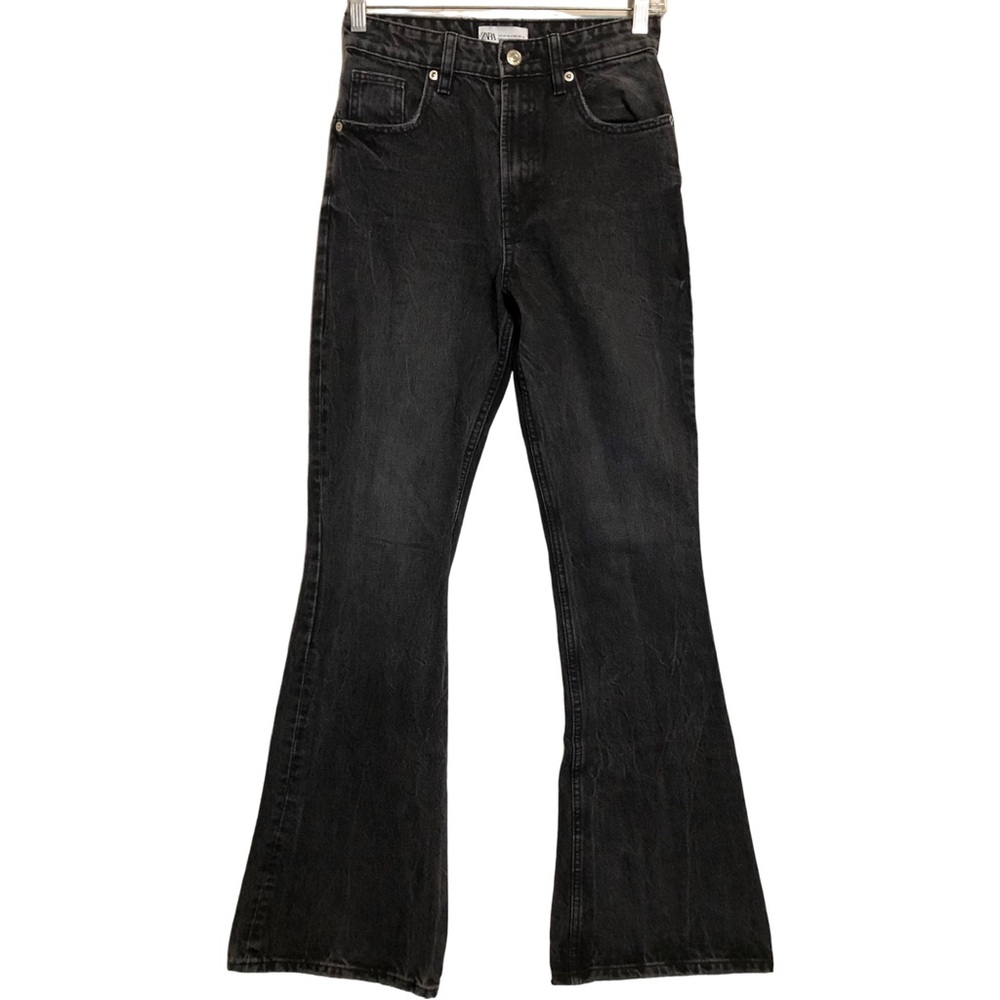 Zara Women's 25X32 Skinny High Rise Black Gray Flare Distressed Denim Jeans 2